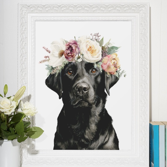 Watercolor Labrador Retriever with Flower Crown Portrait Wall Art Print Unframed - Picture 7 of 7